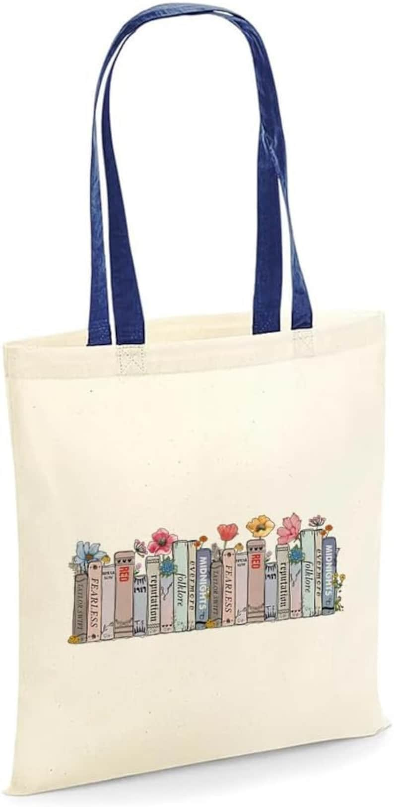 Taylor Albums as books Bag, Floral Bookcase Albums Design, Reusable Bag, Shopping Bag, Tote Bag. Navy Handle