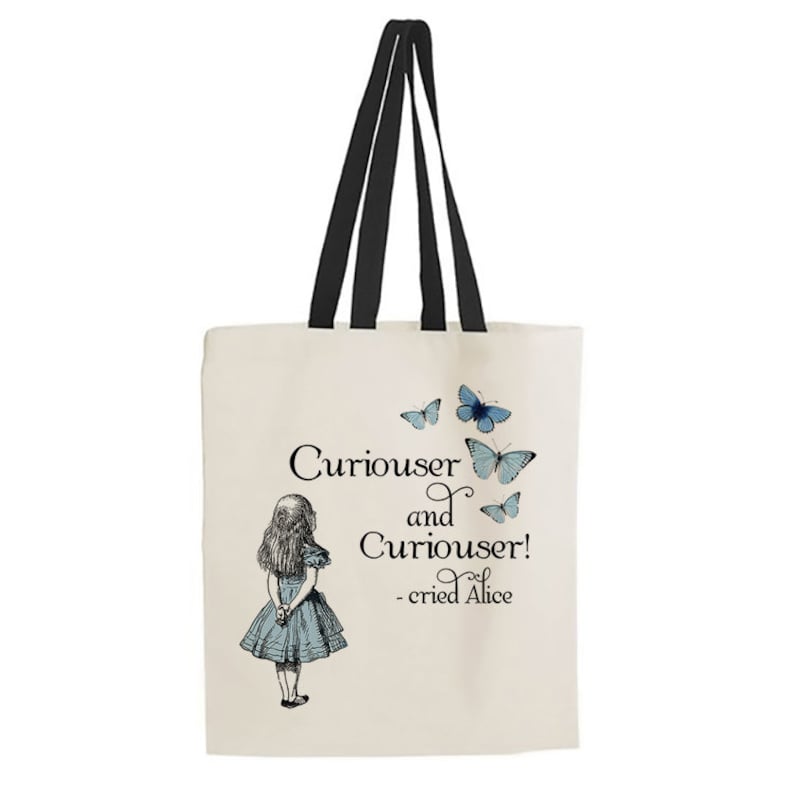 Alice In Wonderland Curiouser And Curiouser Themed Tote Bag Cotton Shopping Bag.