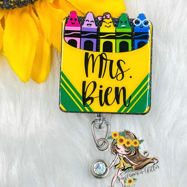 Crayon box badge reel - personalized badge reel - interchangeable badge reel - teacher, school, education badge reel