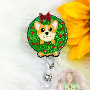 Christmas corgi wreath badge reel-cute puppy in Christmas wreaths -Christmas badge reel-teacher/medical/secretary badge reel