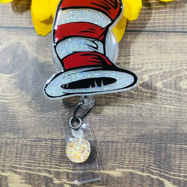 striped red and white top hat for the cat badge reel-teacher/educator badge reel-cat wearing hat-Seuss badge reel