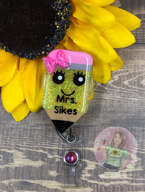 Cute Pencil With Bow and Face Badge Reel-teacher Badge Reel