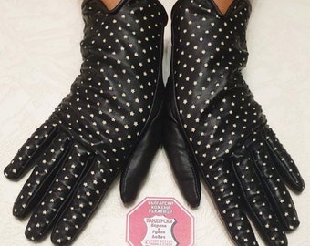 New Unique Model Luxury Women's Genuine Italian Leather Black Gloves with Beautiful Perforations of Stars Driving Modern Gloves Great Gift