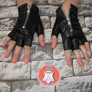 Designer Black Fingerless Genuine Leather Gloves with Zippers Made with Italian Genuine Leather