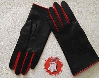 Gants en cuir véritable noirs et rouges pour femmes fabriqués avec du cuir véritable italien de haute qualité