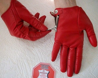 Women's Driving Red Genuine Italian Soft Leather Gloves with Zippers and Buttons Designer Model Gloves