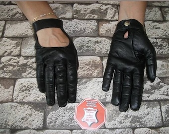 Gants de marque en cuir véritable noir pour femme avec boutons Accessoires de mode en cuir véritable italien