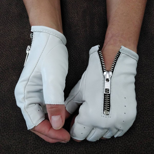 designer Unique Women's White Genuine Leather Gloves with Zippers Made with Italian Genuine Leather