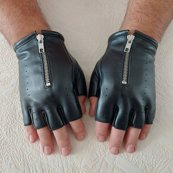 Men's Driving Fingerless Black Genuine Leather Gloves with zipper Made with Italian Genuine Leather