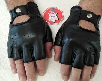 Unique Designer Men's Black Genuine Leather Fingerless  Gloves Fasion Gloves Made with Italian Genuine Leather