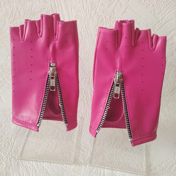 Women's Pink Driving  Genuine Leather Fingerless Gloves Designer Gloves Made with Italian Genuine Leather High Quality