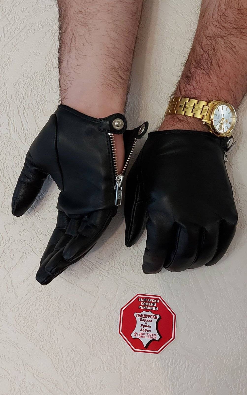 Hand Stitching Mens Leather Fingerless Gloves with Zipper