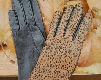 Gants de modèle de créateur pour femmes, gants de conduite en cuir italien véritable marron et noir avec boutons, cuir unique avec de belles perforations