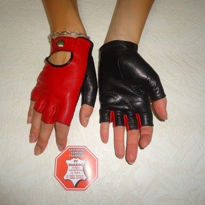 Designer Fashion Women's Fingerless Red & Black Genuine Leather Gloves Made with Italian Genuine Leather