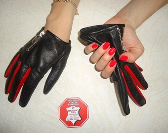 Women's Black & Red Genuine Leather Gloves with Zippers Designer Model Gloves Fashion Accessory Driving Leather Gloves