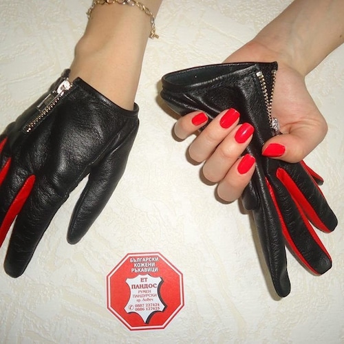 Women's Black & Red Genuine Leather Gloves With Zippers Etsy