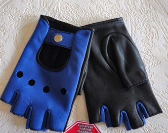 Blue and Black Fingerless Driving Genuine Leather Gloves Made with Italian Genuine Leather