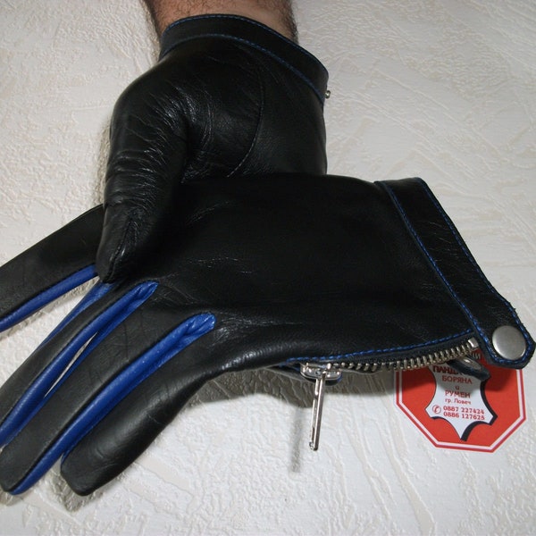 Designer Leather Gloves Men's Black & Blue Genuine Gloves with zippers Made with Italian Genuine Leather High Quality