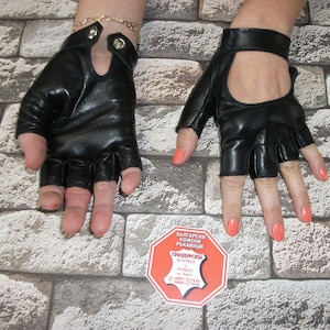 Unique Designer Women's Black Genuine Leather Fingerless Gloves Made with Italian Genuine Leather