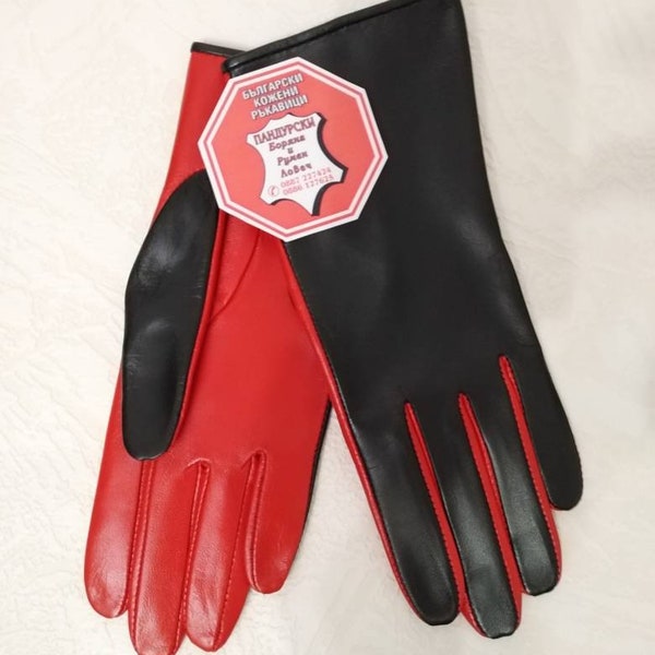 Designer Women's Red and Black Genuine Italian  Leather Gloves