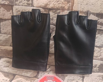 Women's Black Leather Genuine Fingerless Gloves Made with Italian Genuine Leather