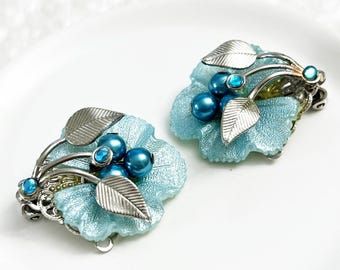 Vintage Blue Shimmer Floral Mid Century Clip Earrings