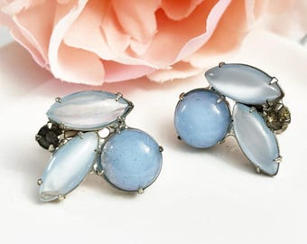 Vintage Sky Blue Moonglow Screw Back Cluster Earrings