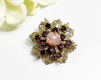Vintage Mini Pink Faux Fire Opal & Purple Stone Filagree Brooch