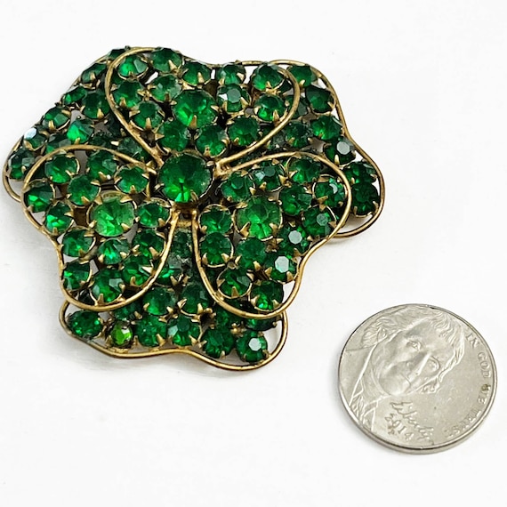 Green Pave Glass Flower Clover Dress Clip Vintage… - image 6