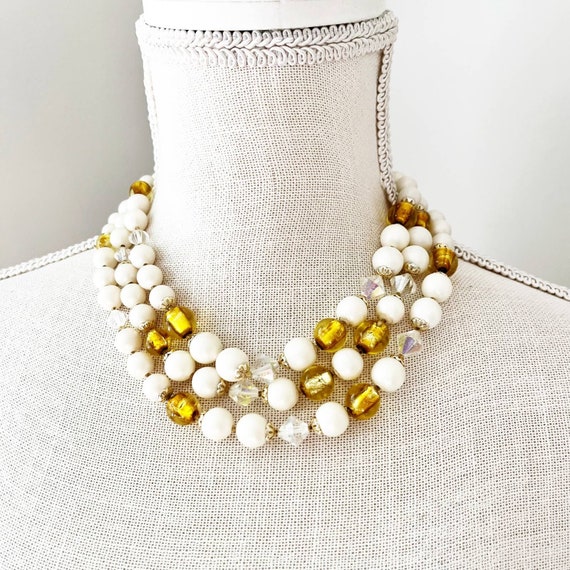 Vintage Mid-Century 3-Strand Faux Pearl Gold & AB… - image 1