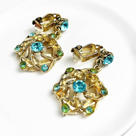 Vintage Teal Blue & Gold Tone Clip Drop Earrings - image 4