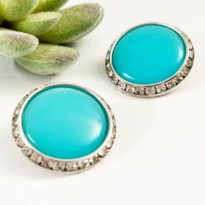 Lisner Vintage Teal Thermoset & Crystal Button Clip Earrings