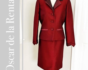 Vintage Oscar de la Renta Red Brocade Silk Skirt Suit Pink Label