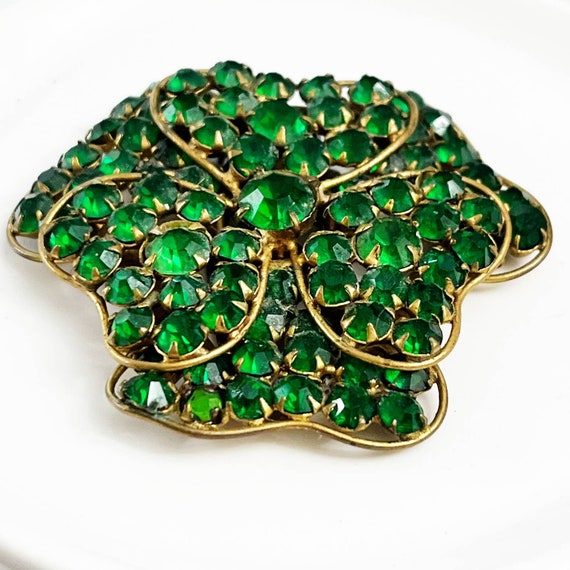 Green Pave Glass Flower Clover Dress Clip Vintage… - image 2