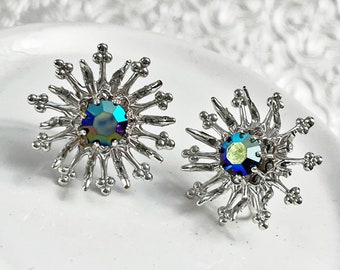 Vintage Aurora Borealis Silver Starburst Screw Back Earrings