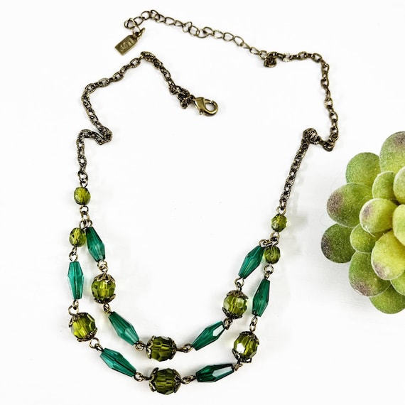 1928 Vintage Green Beaded Double Strand Necklace - image 1