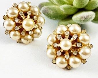 Vintage Screw Back Pearl & Crystal Cluster Earrings