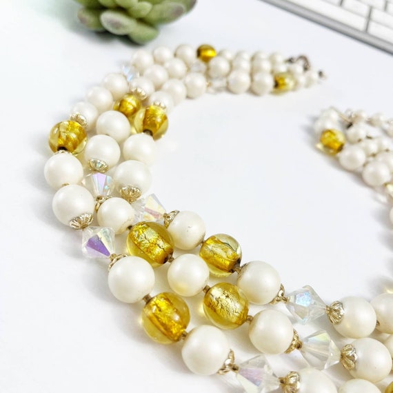 Vintage Mid-Century 3-Strand Faux Pearl Gold & AB… - image 4