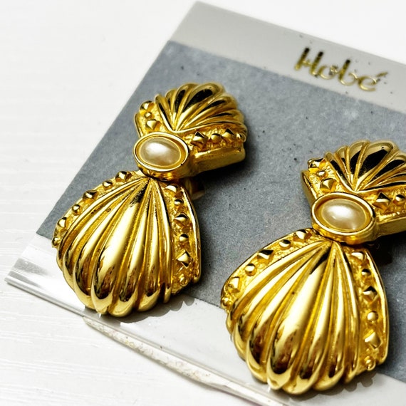 Hobe Vintage Brushed Gold Fan Clip Statement Earr… - image 3