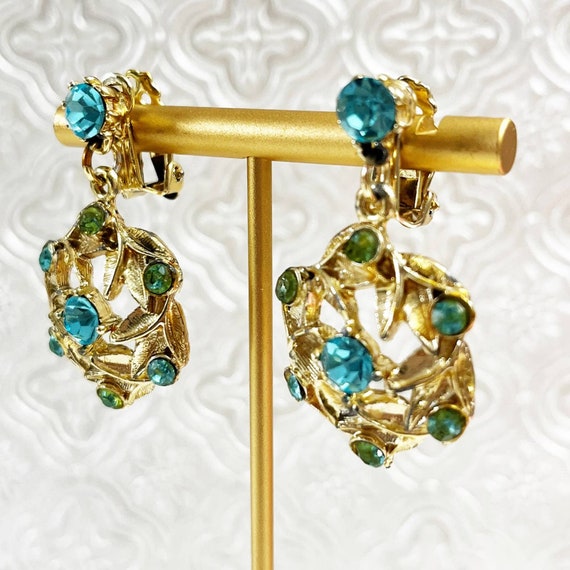 Vintage Teal Blue & Gold Tone Clip Drop Earrings - image 5