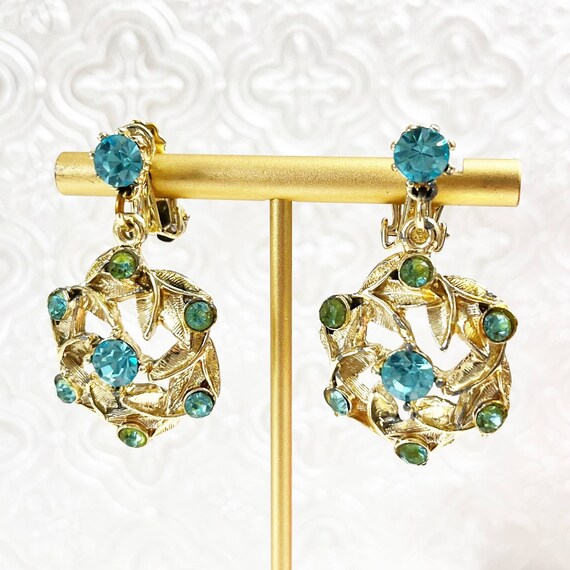 Vintage Teal Blue & Gold Tone Clip Drop Earrings - image 1