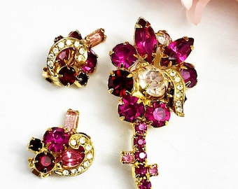 Vintage Pink Floral Brooch and Clip Earrings