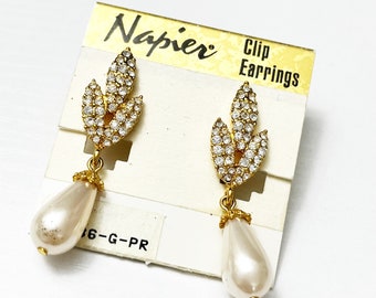 Napier Vintage Pave Crystal & Pearl Drop Clip Earrings