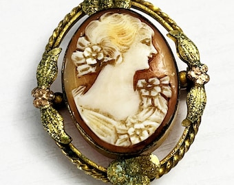 Victorian 19th Century Cameo Carved Shell Brooch & Pendant
