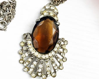 Art Deco Vintage Pendant Necklace with Topaz Colored Brown Glass Stone