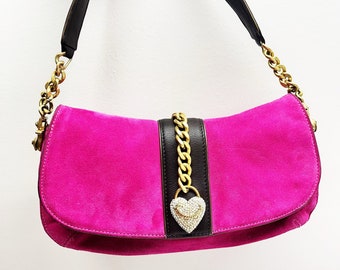 Juicy Couture RARE Vintage 90s Pink Pave Crystal Heart & Chain Suede Bag Purse