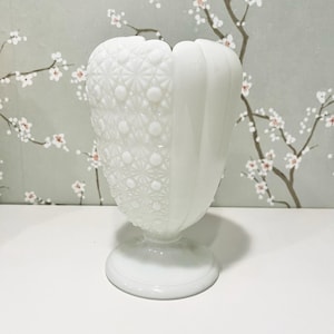 Pode incluir: Um vaso de vidro branco leitoso com um design floral texturizado. O vaso tem uma base larga e redonda e um pescoço estreito e cilíndrico.