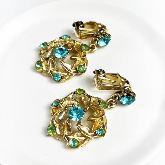 Vintage Teal Blue & Gold Tone Clip Drop Earrings - image 3