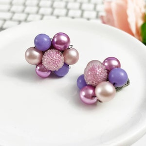 Vintage Mid-Century JAPAN Lavender Faux Pearl Cluster Clip Earrings
