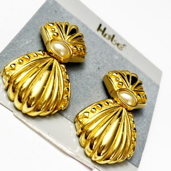 Hobe Vintage Brushed Gold Fan Clip Statement Earr… - image 4